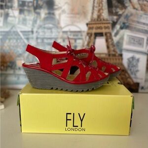 FLY London Lipstick Red Strappy Lace Up Yapi Wedge Sandals Womens EU 38 US 7.5-8